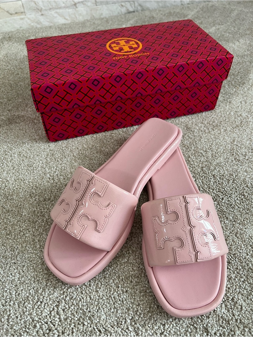 NWT Tory Burch Double T Sport Slide Sandals Petunia